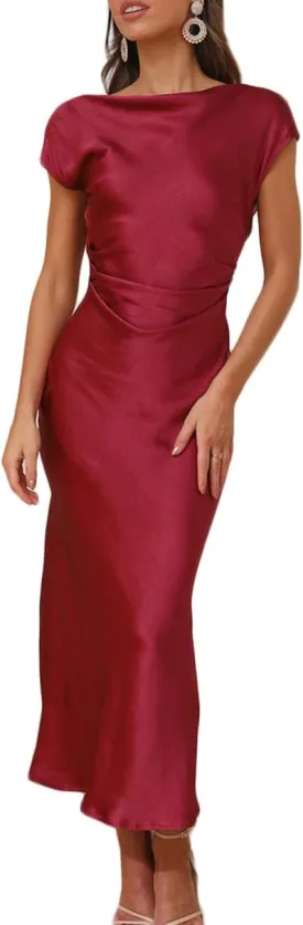 2025 Satin Cap Sleeve Cowl Back Summer Dresses for Women Elegant Ruched Waist Wedding Guest Midi Dress