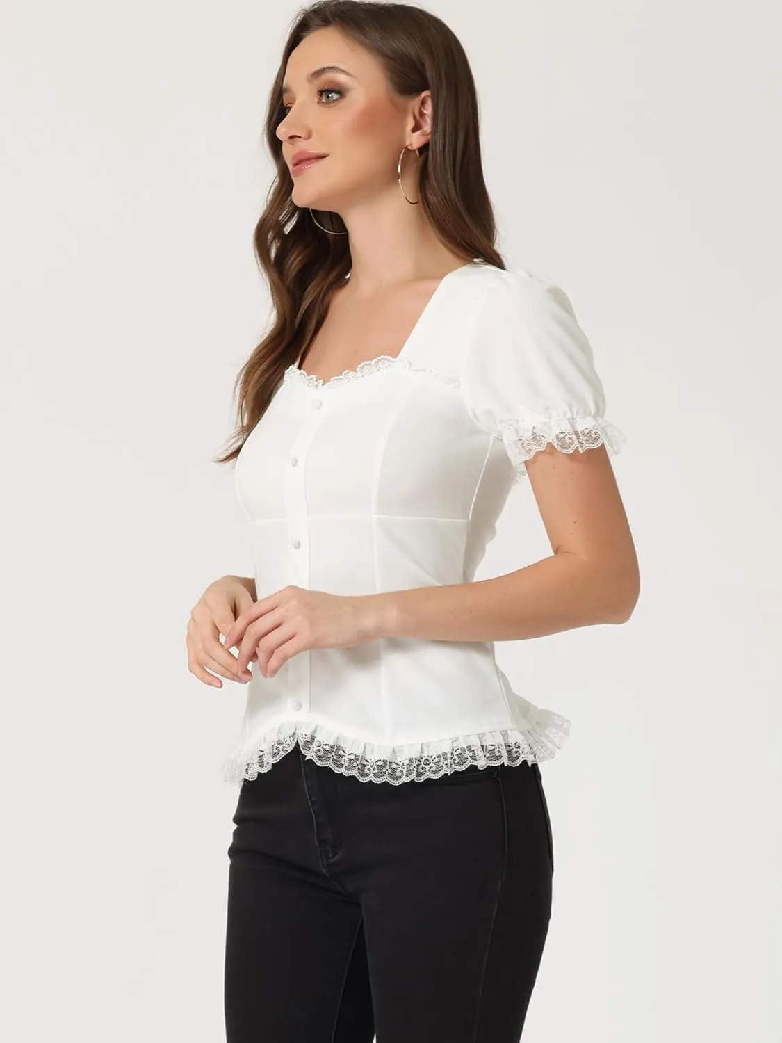 Allegra K Victorian Shirt for Women's Sweetheart Neck Puff Sleeve Halloween Lace Up Gothic Blouse