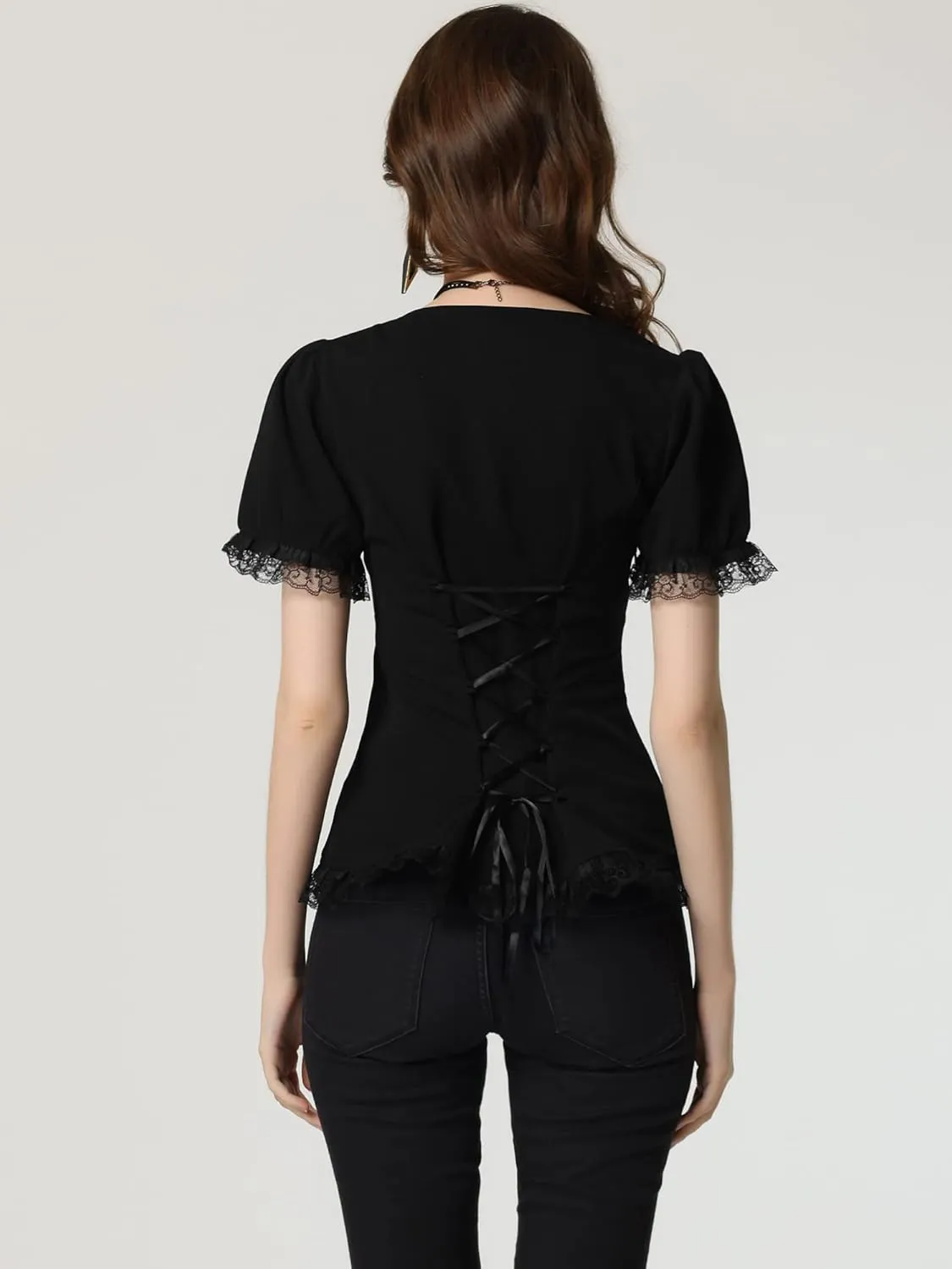 Allegra K Victorian Shirt for Women's Sweetheart Neck Puff Sleeve Halloween Lace Up Gothic Blouse