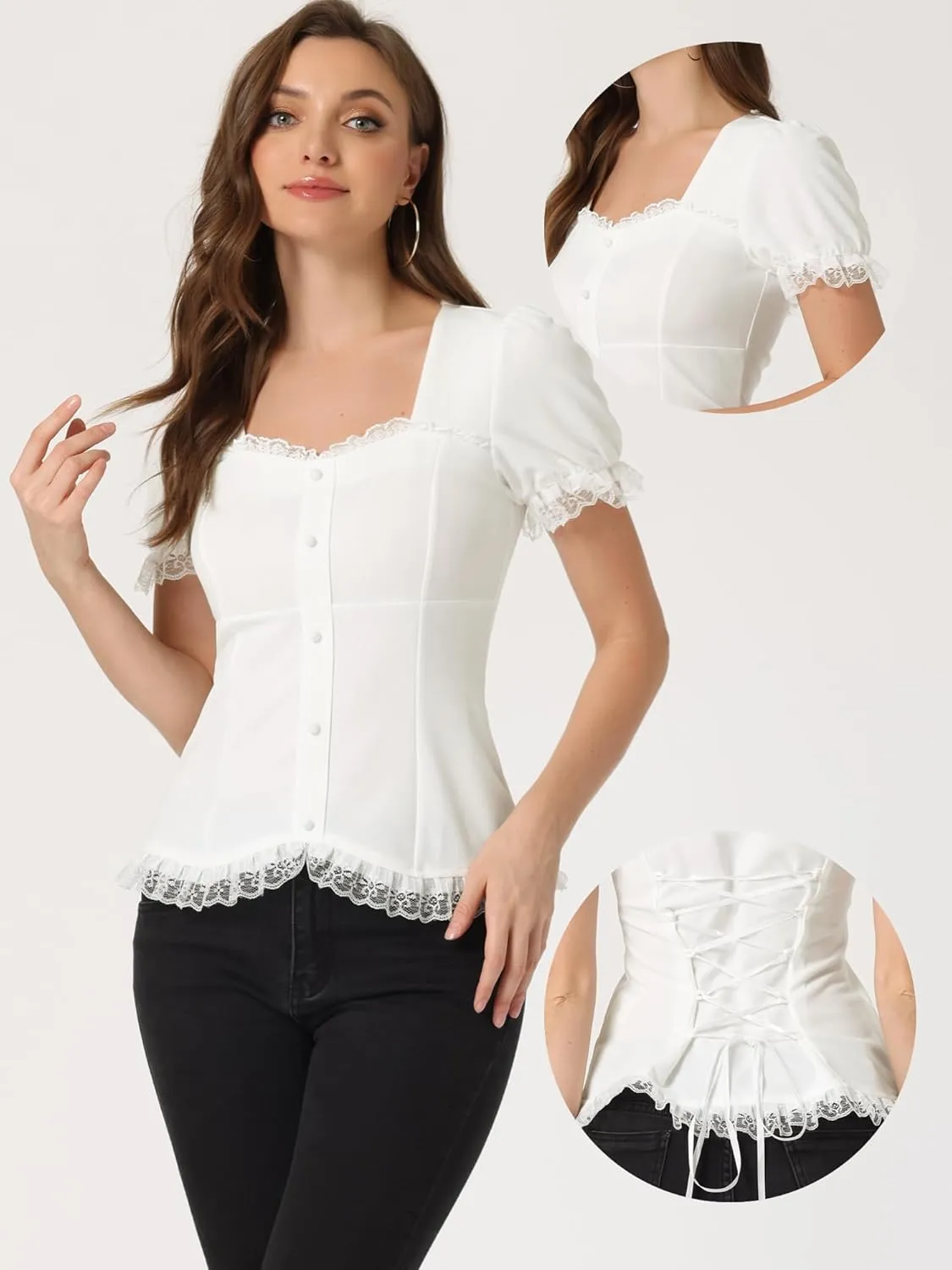 Allegra K Victorian Shirt for Women's Sweetheart Neck Puff Sleeve Halloween Lace Up Gothic Blouse