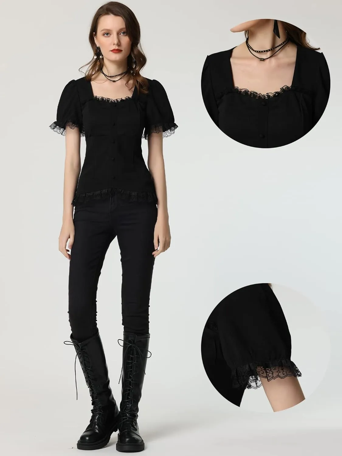 Allegra K Victorian Shirt for Women's Sweetheart Neck Puff Sleeve Halloween Lace Up Gothic Blouse
