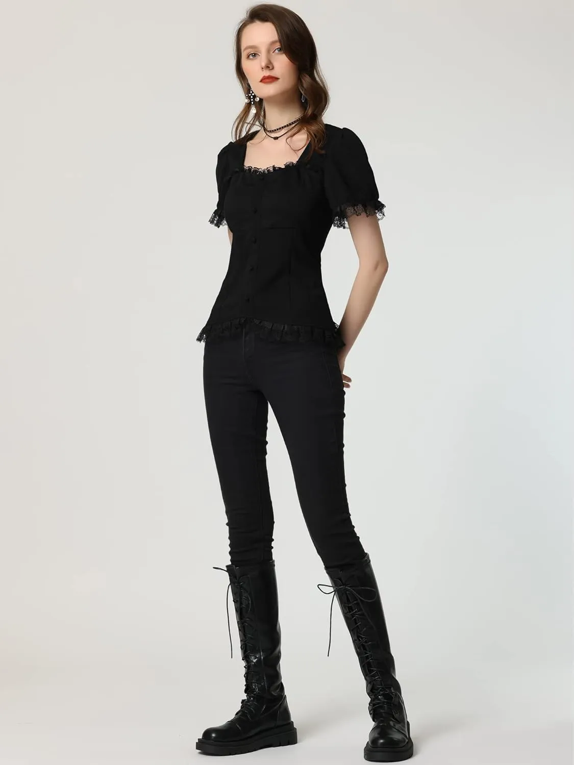Allegra K Victorian Shirt for Women's Sweetheart Neck Puff Sleeve Halloween Lace Up Gothic Blouse