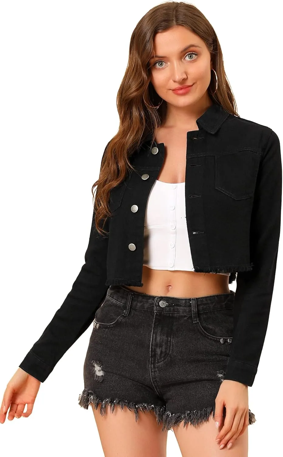 Allegra K Women's Jean Jacket Frayed Button Up Washed Cropped Denim Jacket