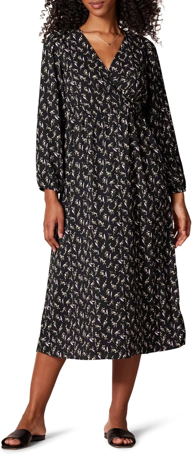 Amazon Essentials Women's Lightweight Georgette Long Sleeve V-Neck Midi Dress (Available in Plus Size)