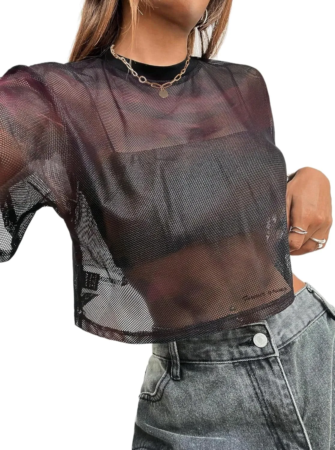 Avanova Women Sexy Sheer Mesh Crop Top See Through Oversized Short Sleeves Boxy Tee Shirt