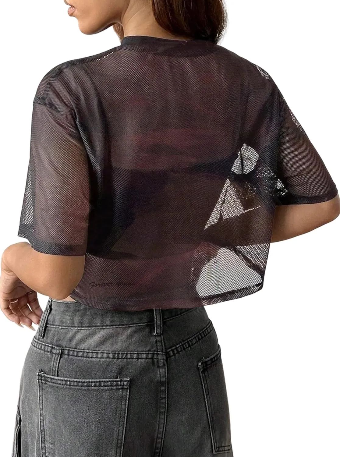 Avanova Women Sexy Sheer Mesh Crop Top See Through Oversized Short Sleeves Boxy Tee Shirt