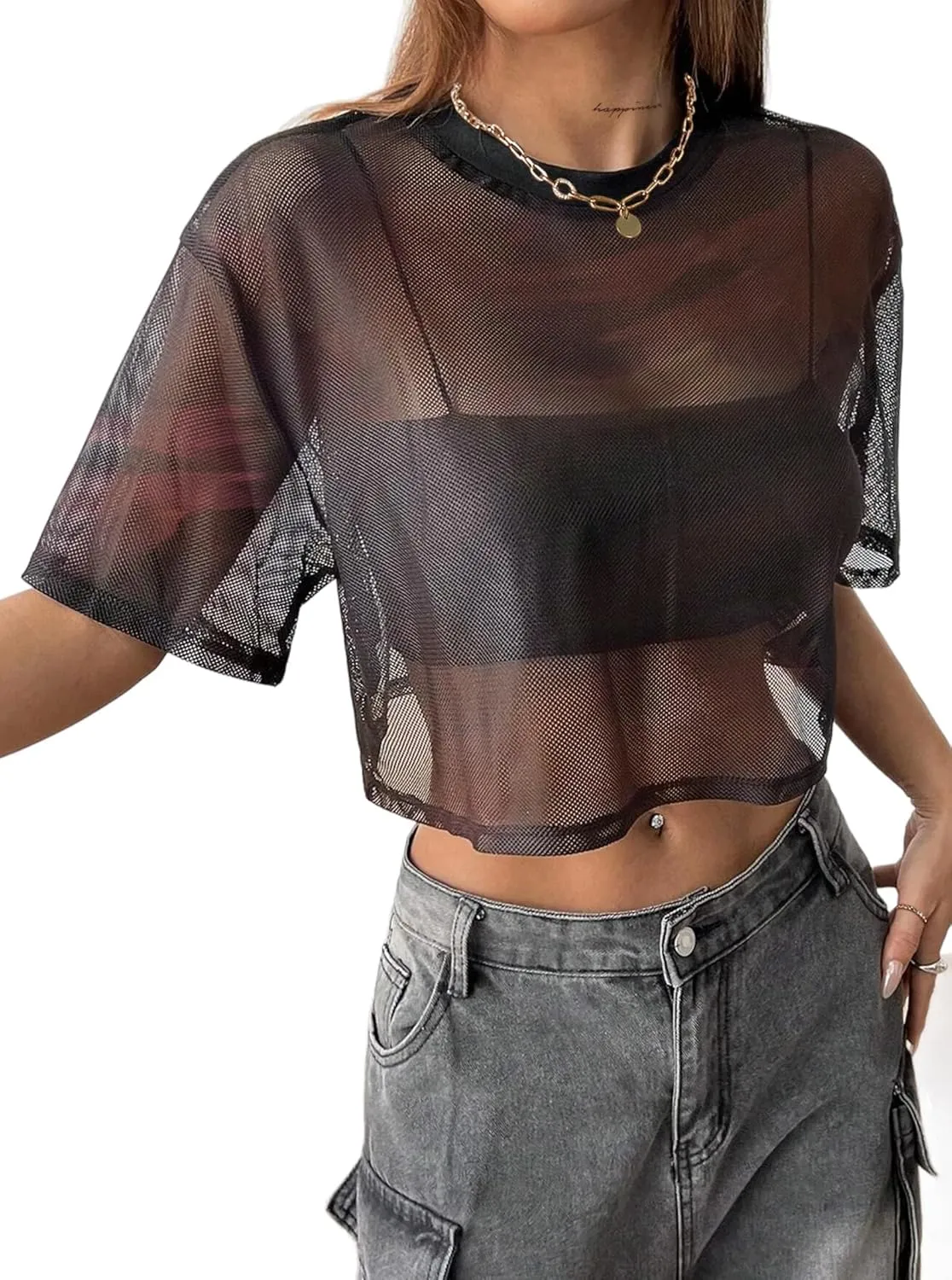 Avanova Women Sexy Sheer Mesh Crop Top See Through Oversized Short Sleeves Boxy Tee Shirt