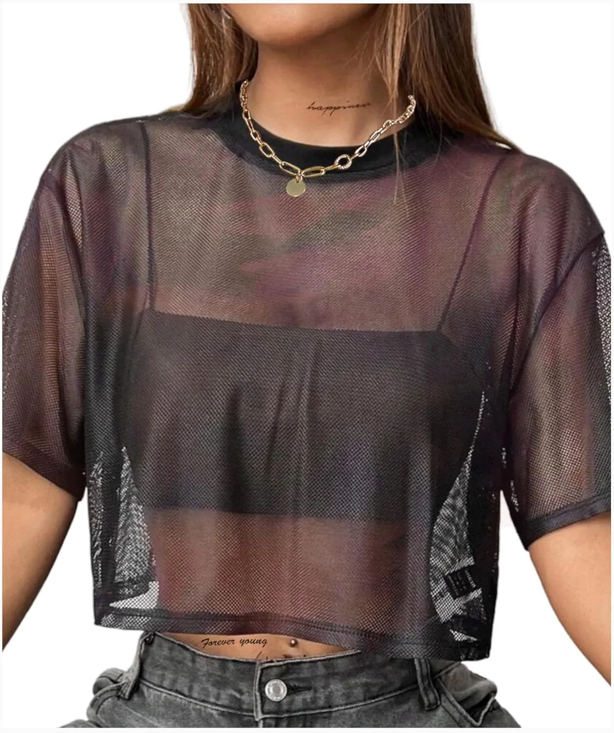 Avanova Women Sexy Sheer Mesh Crop Top See Through Oversized Short Sleeves Boxy Tee Shirt