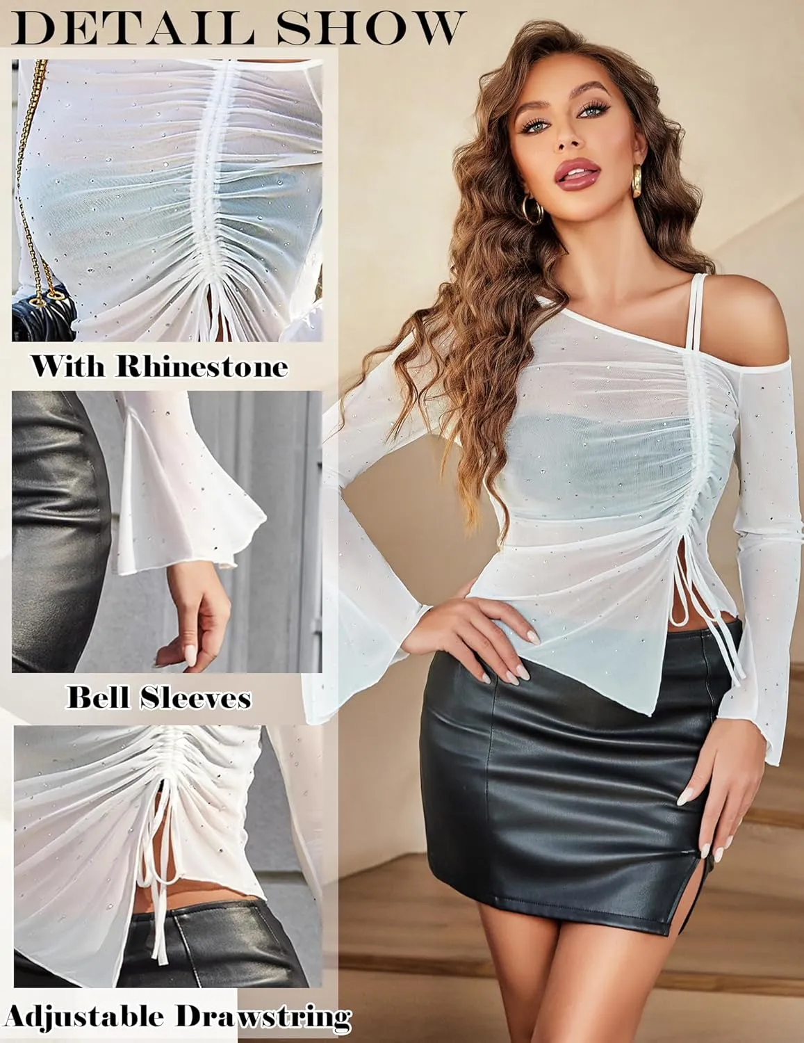 Avidlove Women Mesh Top Long Sleeve Rhinestone Tops Off Shoulder Bell Sleeve Drawstring Blouse Sheer Sparkly Shirt S-XXL
