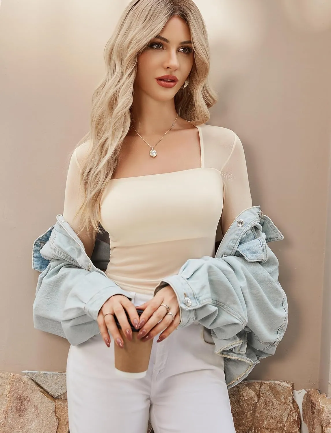 Avidlove Women's Mesh Top Long Sleeve Square Neck Sheer Blouse See Through Party Club Tops with Lining