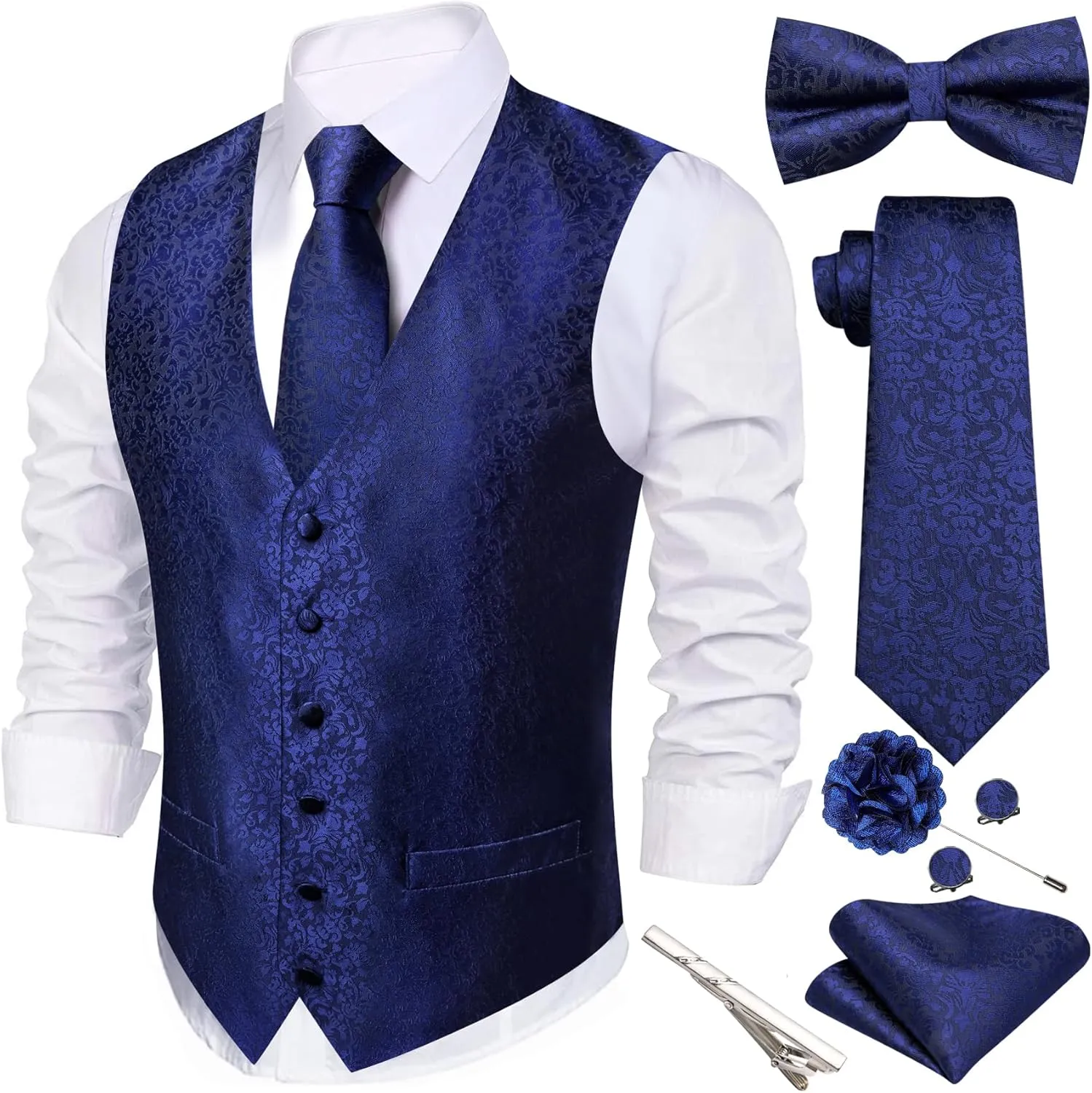Barry.Wang Men's Suit Vest Tie and Bow Tie Set Formal Solid Paisley Handkerchief Cufflink Woven Wedding Party Waistcoat