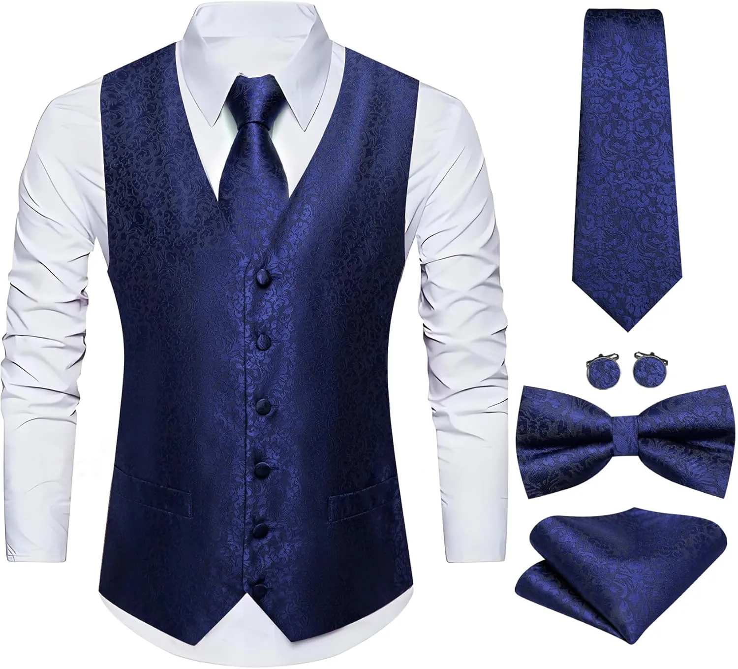 Barry.Wang Men's Suit Vest Tie and Bow Tie Set Formal Solid Paisley Handkerchief Cufflink Woven Wedding Party Waistcoat