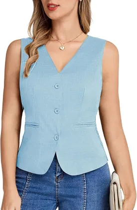 Belle Poque Women Suit Vest Button Down Dressy Vest Tops Waistcoat with Pockets