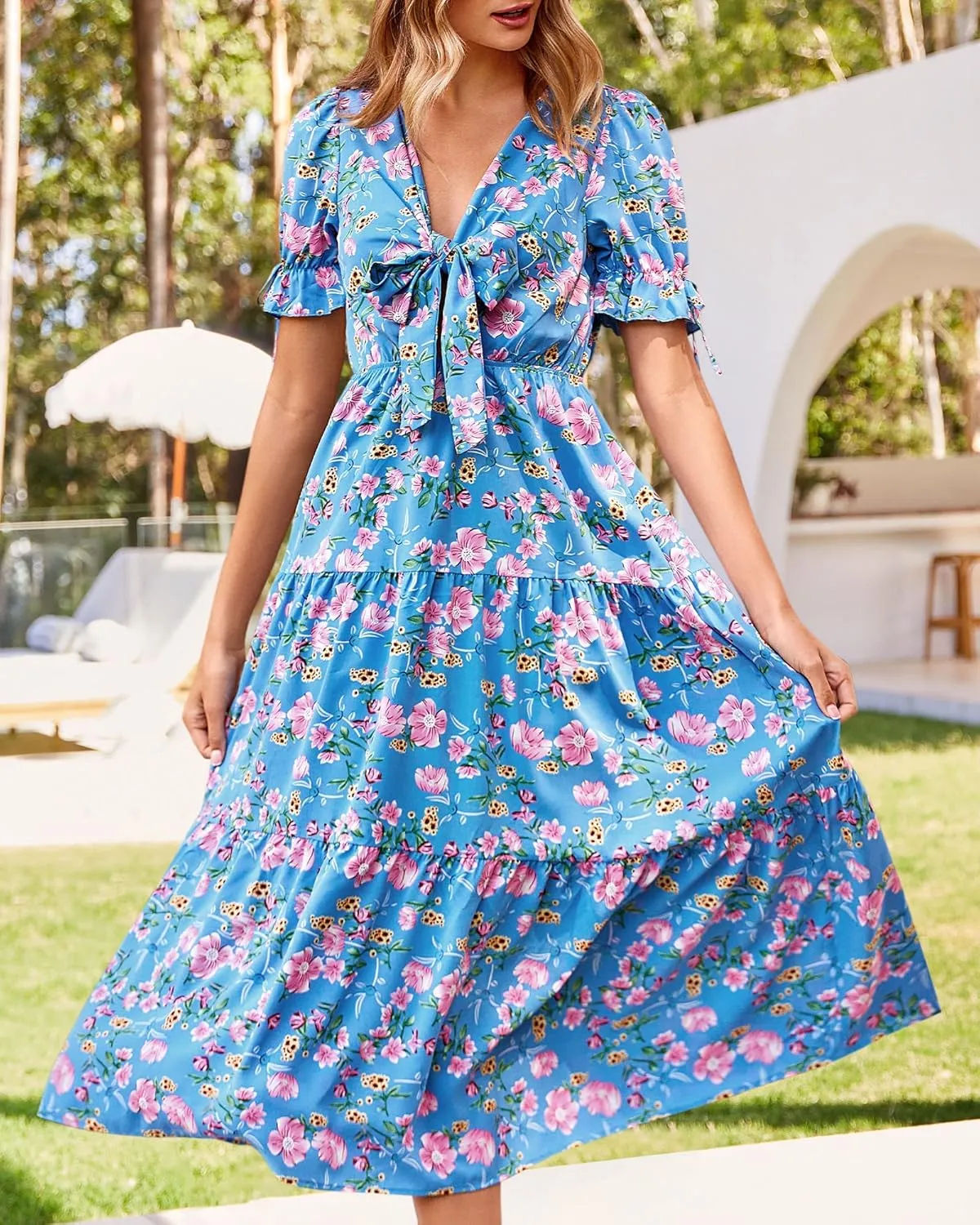 BTFBM 2025 Womens Summer Boho Dress Tie Front Deep V Neck Cutout Short Sleeve Casual Party Floral Beach Maxi Dresses