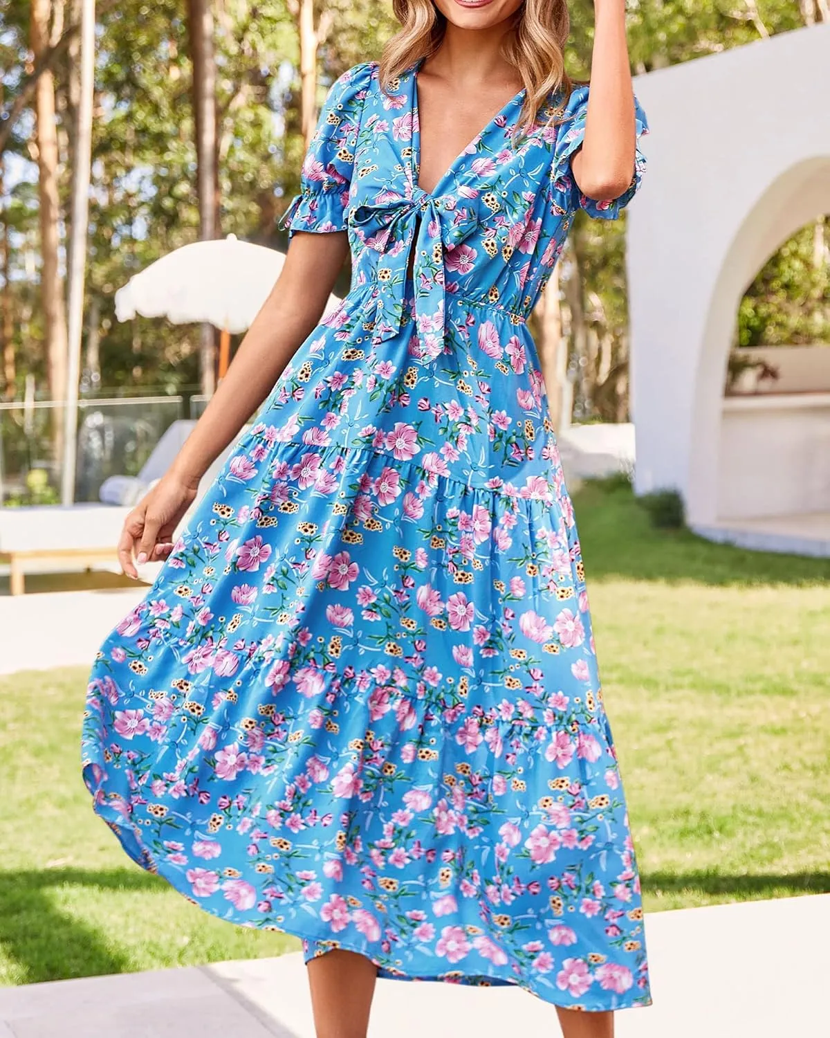 BTFBM 2025 Womens Summer Boho Dress Tie Front Deep V Neck Cutout Short Sleeve Casual Party Floral Beach Maxi Dresses
