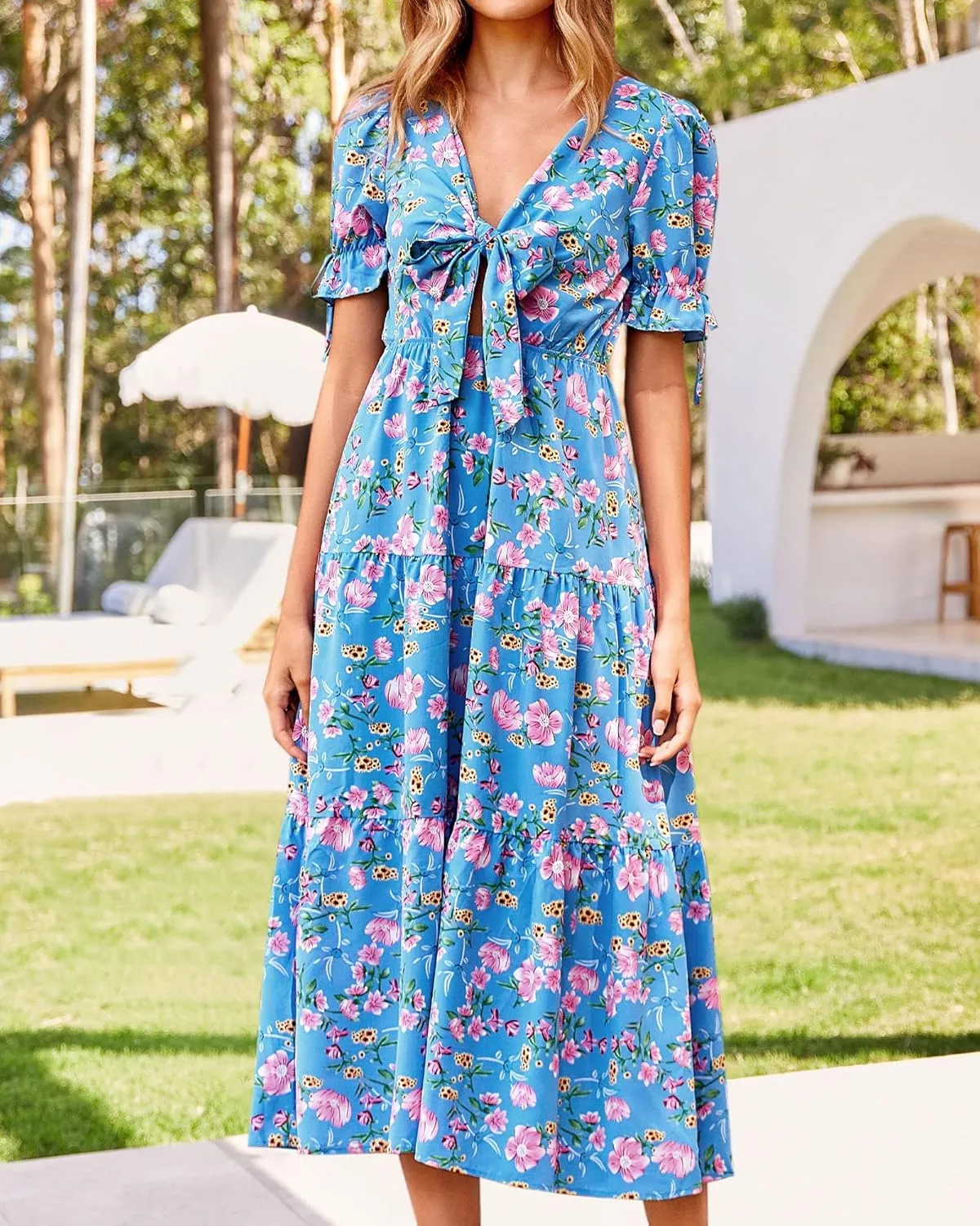 BTFBM 2025 Womens Summer Boho Dress Tie Front Deep V Neck Cutout Short Sleeve Casual Party Floral Beach Maxi Dresses