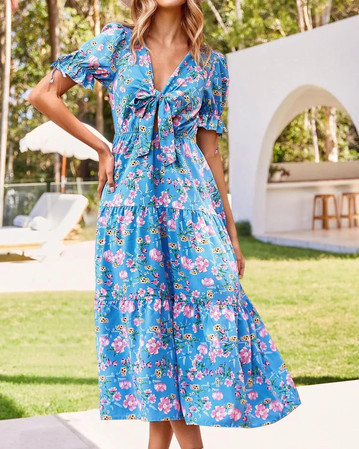 BTFBM 2025 Womens Summer Boho Dress Tie Front Deep V Neck Cutout Short Sleeve Casual Party Floral Beach Maxi Dresses