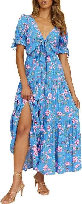 BTFBM 2025 Womens Summer Boho Dress Tie Front Deep V Neck Cutout Short Sleeve Casual Party Floral Beach Maxi Dresses
