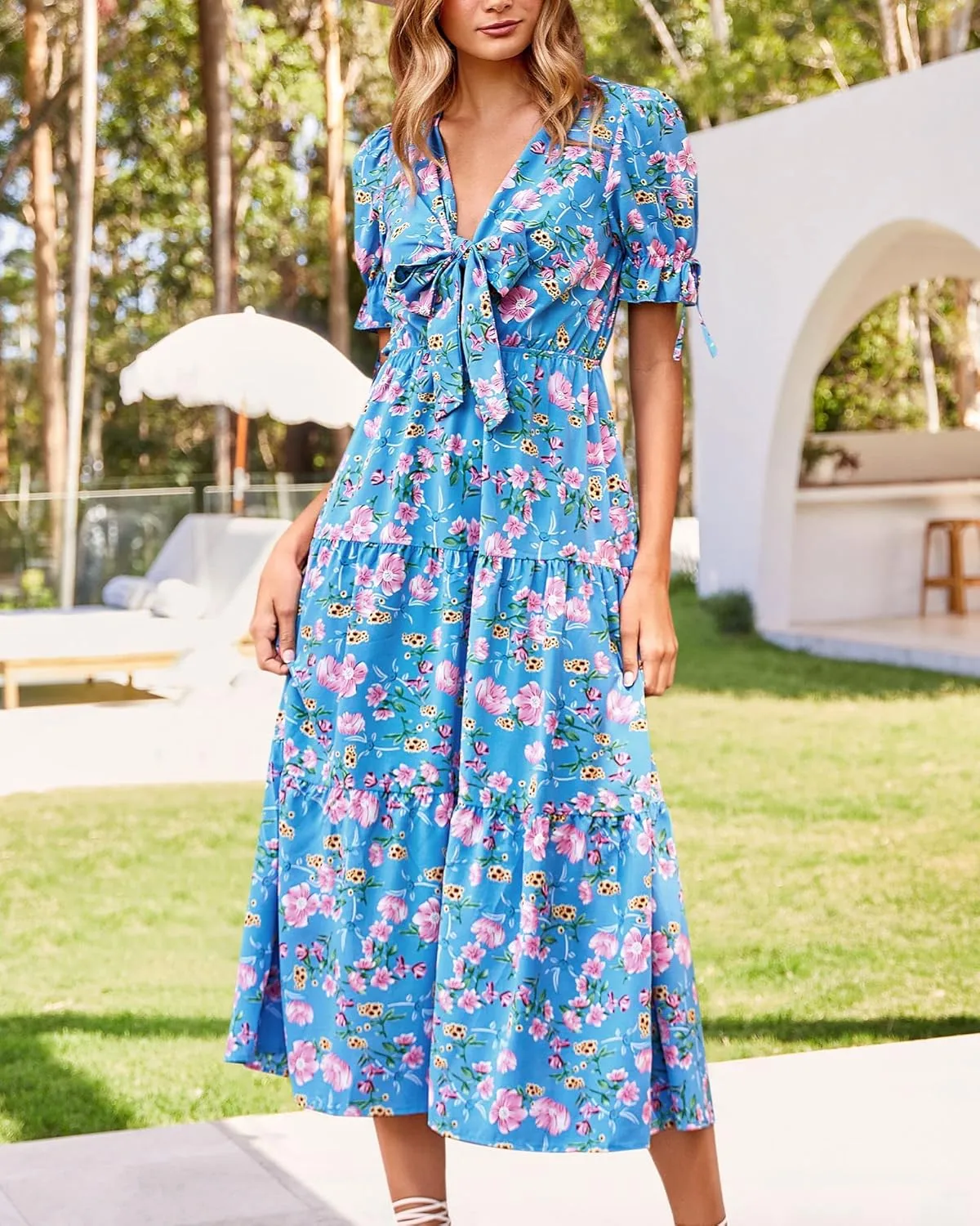 BTFBM 2025 Womens Summer Boho Dress Tie Front Deep V Neck Cutout Short Sleeve Casual Party Floral Beach Maxi Dresses