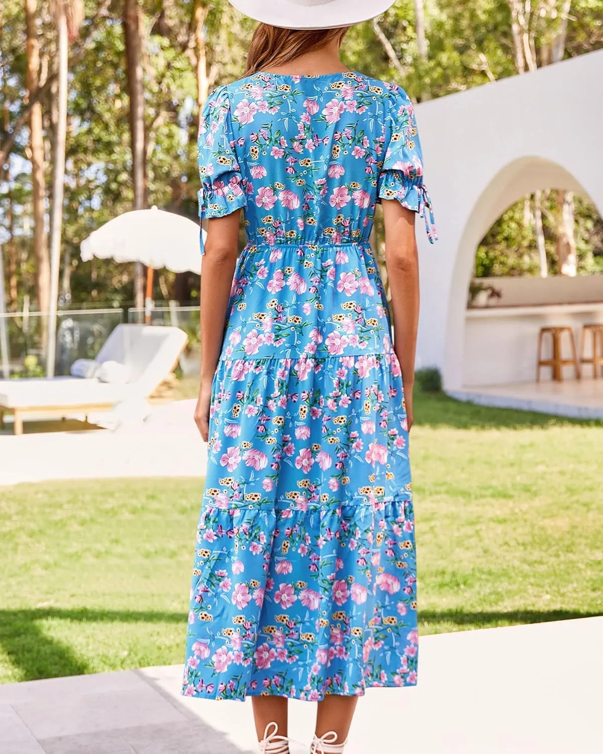 BTFBM 2025 Womens Summer Boho Dress Tie Front Deep V Neck Cutout Short Sleeve Casual Party Floral Beach Maxi Dresses