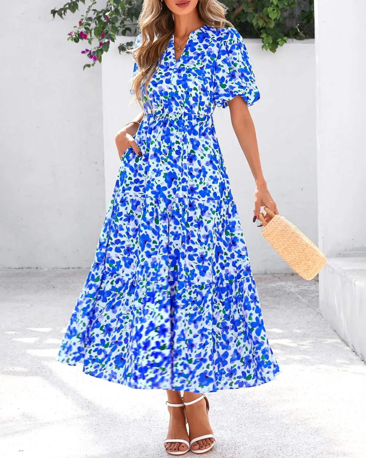 dowerme Womens Summer Dresses 2025 Casual Puff Short Sleeve V Neck Floral Boho Tiered Ruffle Maxi Dress with Pockets