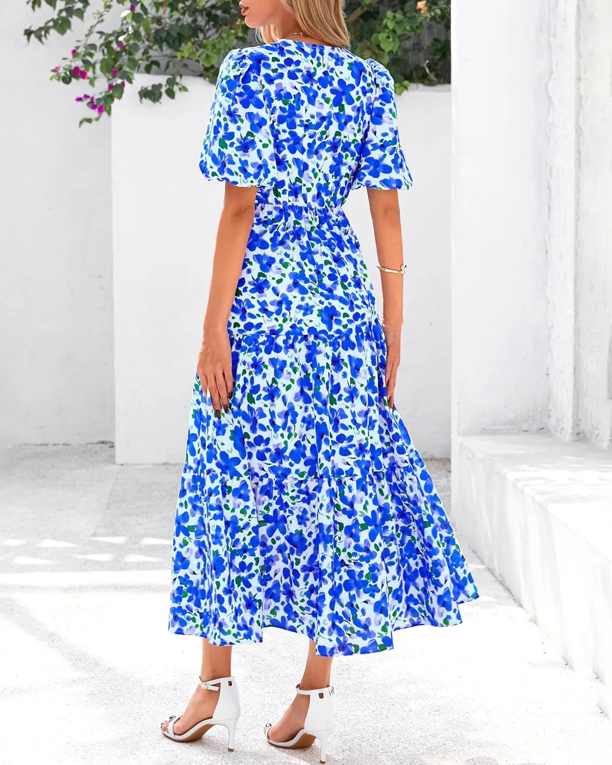 dowerme Womens Summer Dresses 2025 Casual Puff Short Sleeve V Neck Floral Boho Tiered Ruffle Maxi Dress with Pockets