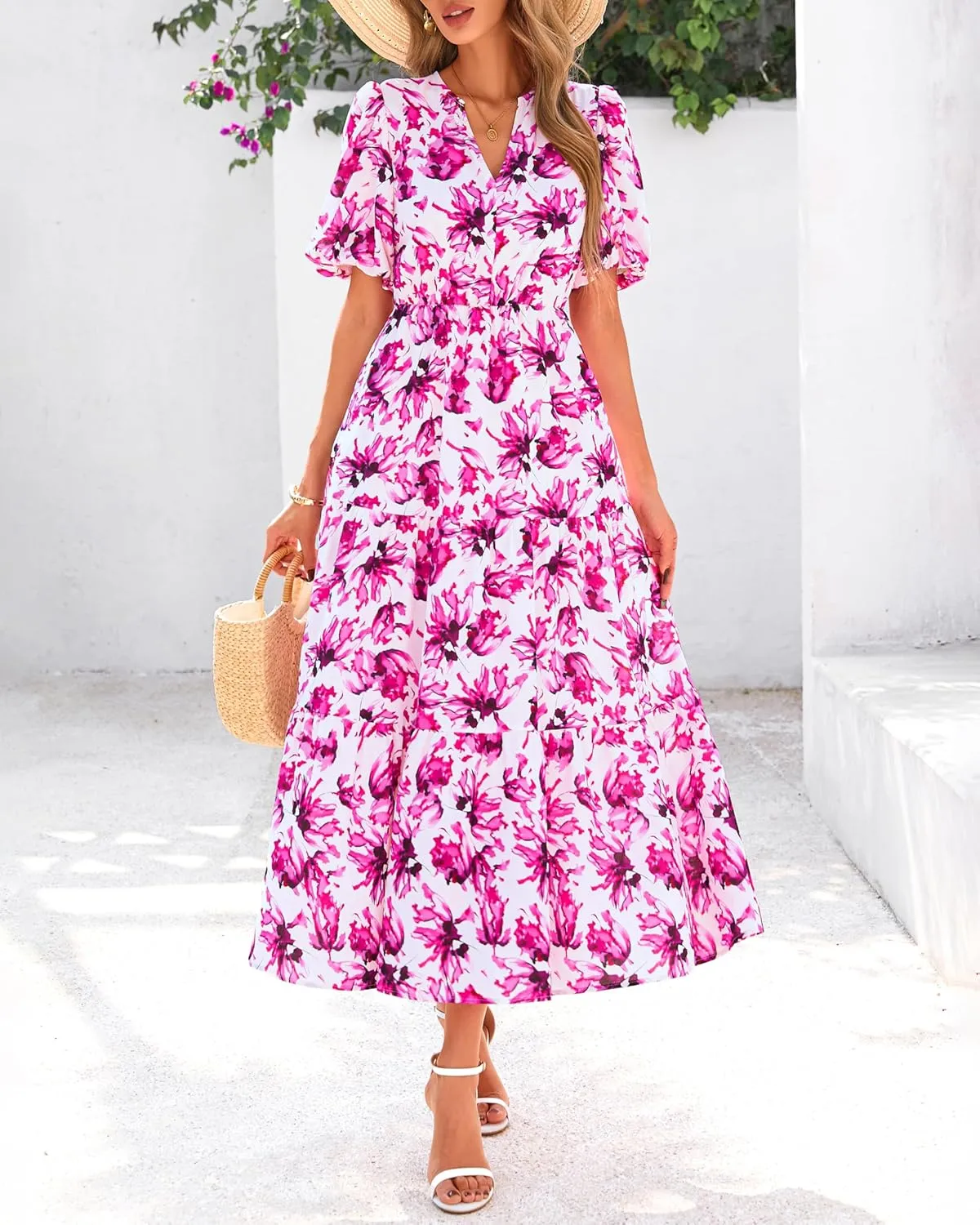 dowerme Womens Summer Dresses 2025 Casual Puff Short Sleeve V Neck Floral Boho Tiered Ruffle Maxi Dress with Pockets