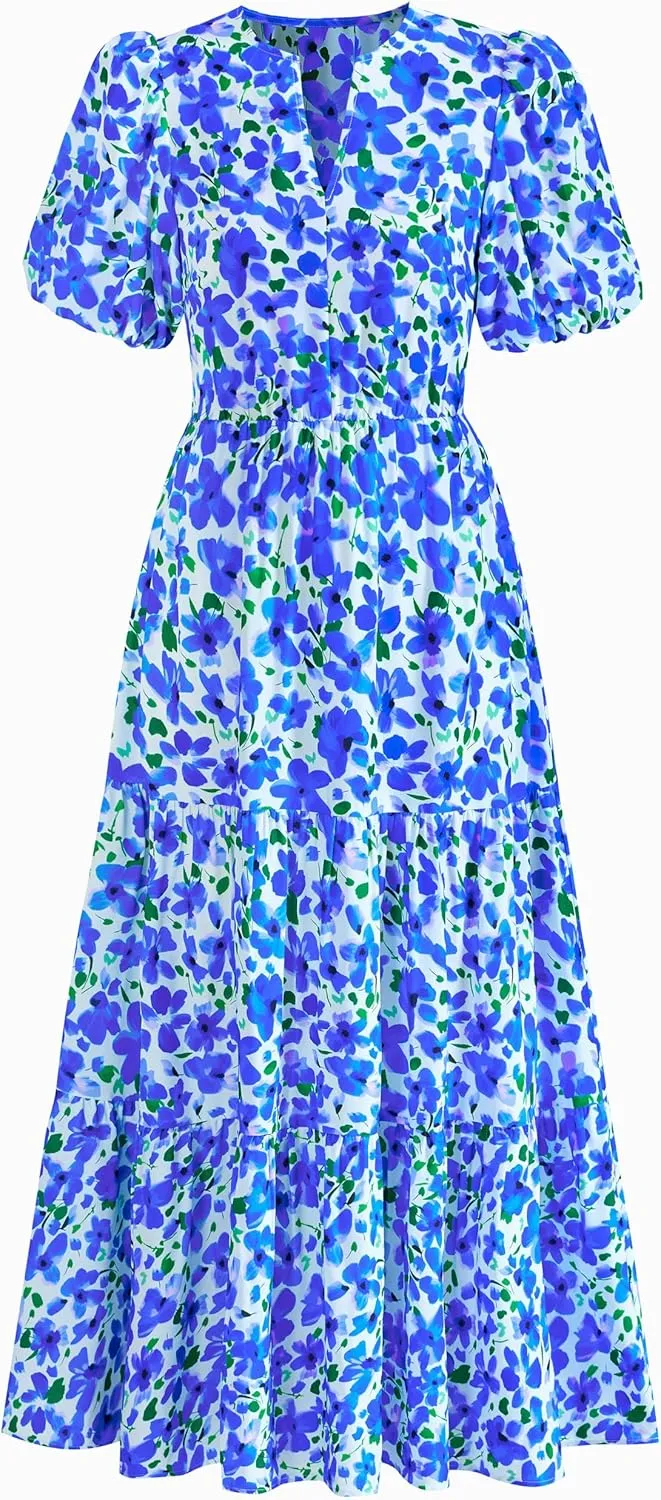 dowerme Womens Summer Dresses 2025 Casual Puff Short Sleeve V Neck Floral Boho Tiered Ruffle Maxi Dress with Pockets