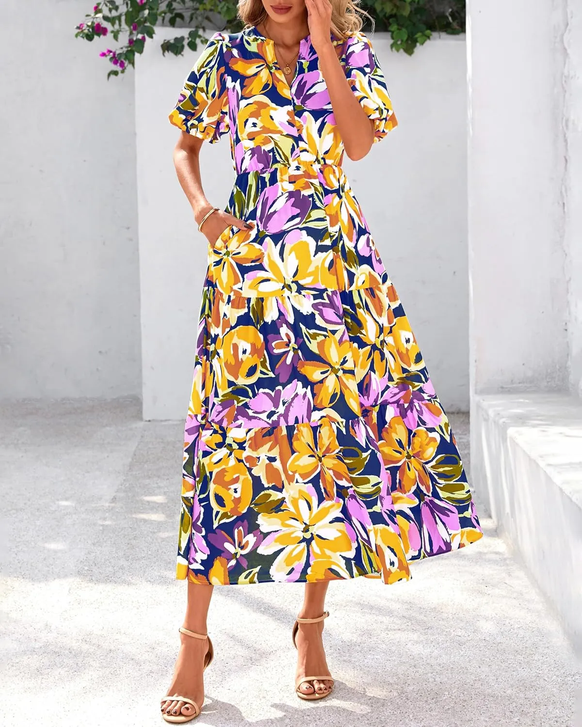 dowerme Womens Summer Dresses 2025 Casual Puff Short Sleeve V Neck Floral Boho Tiered Ruffle Maxi Dress with Pockets