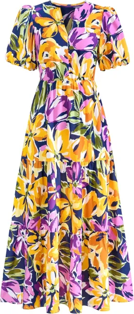 dowerme Womens Summer Dresses 2025 Casual Puff Short Sleeve V Neck Floral Boho Tiered Ruffle Maxi Dress with Pockets