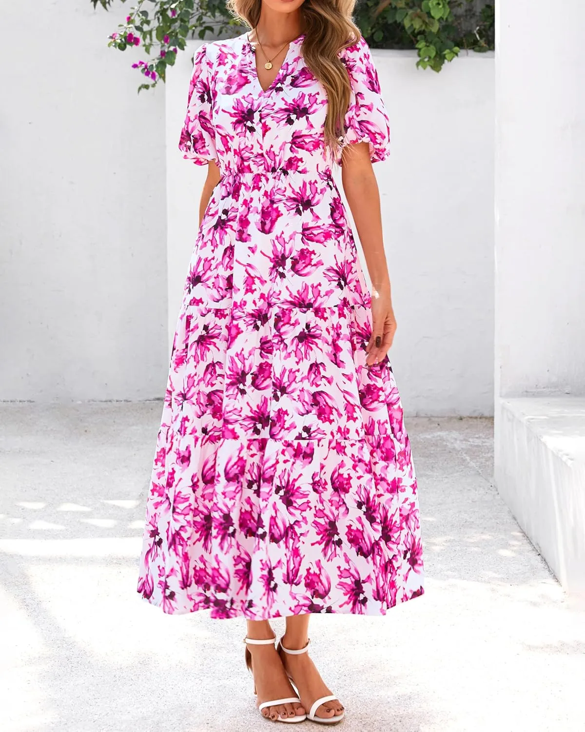 dowerme Womens Summer Dresses 2025 Casual Puff Short Sleeve V Neck Floral Boho Tiered Ruffle Maxi Dress with Pockets