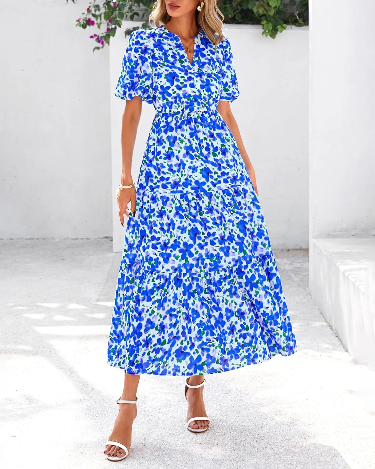 dowerme Womens Summer Dresses 2025 Casual Puff Short Sleeve V Neck Floral Boho Tiered Ruffle Maxi Dress with Pockets