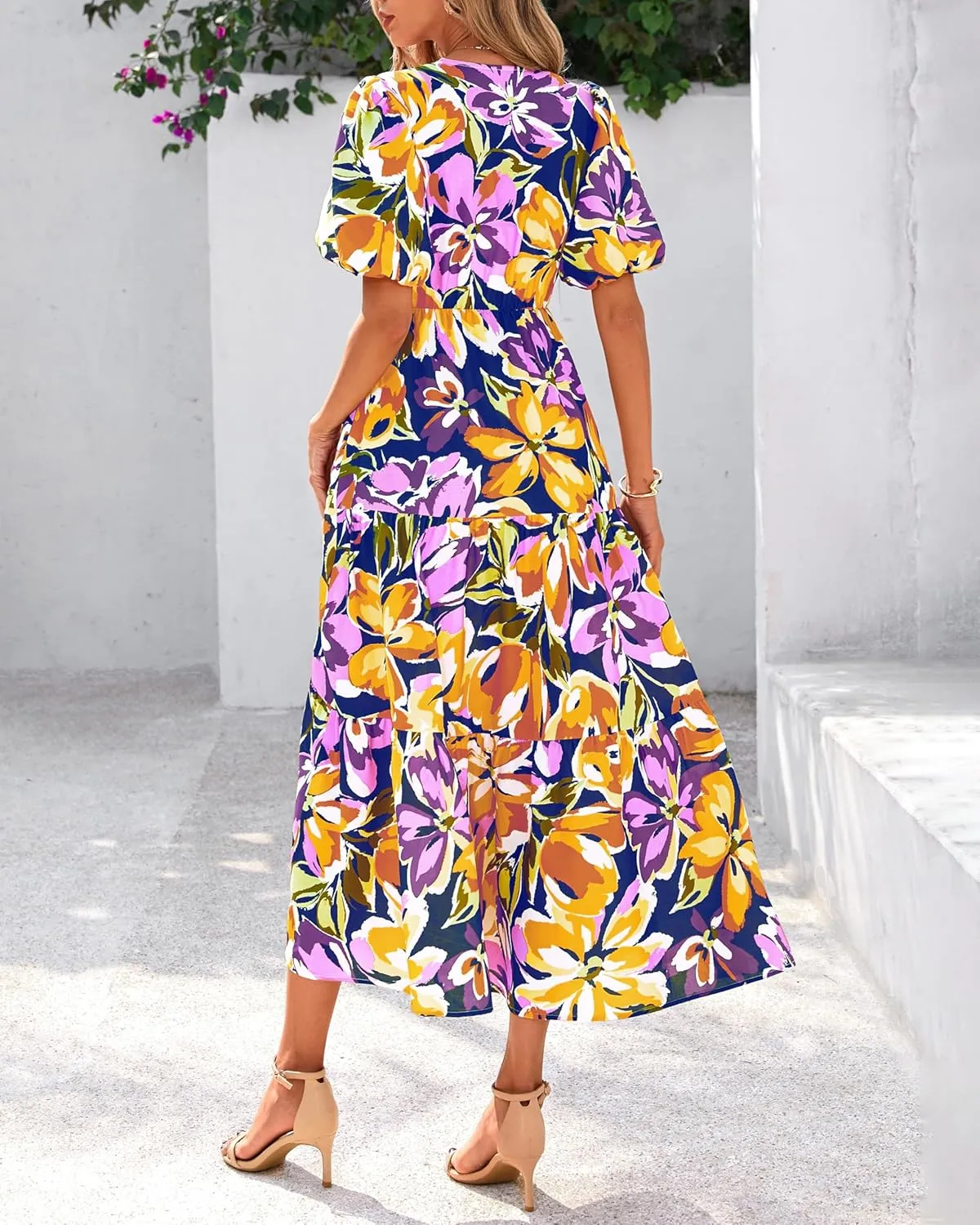 dowerme Womens Summer Dresses 2025 Casual Puff Short Sleeve V Neck Floral Boho Tiered Ruffle Maxi Dress with Pockets