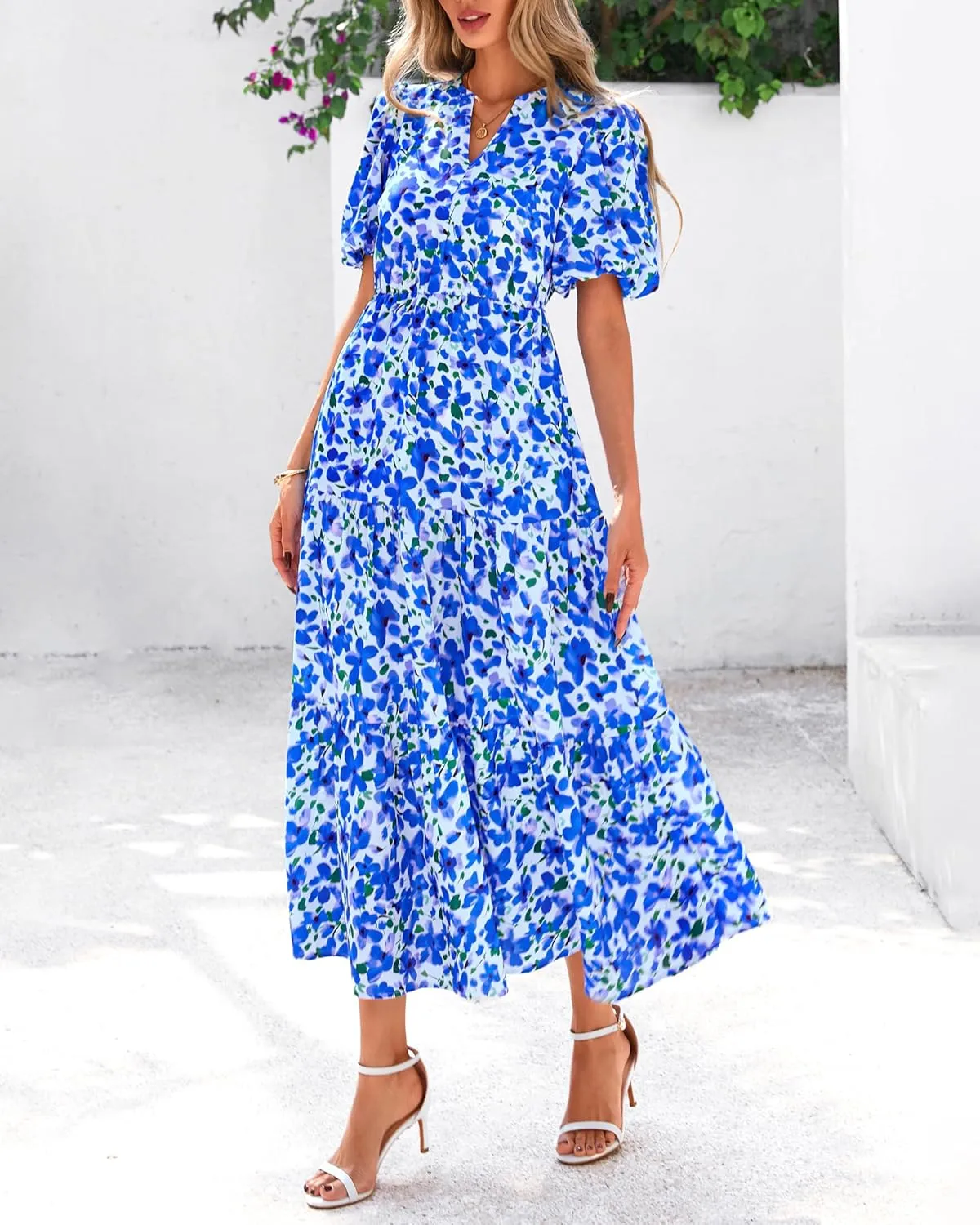 dowerme Womens Summer Dresses 2025 Casual Puff Short Sleeve V Neck Floral Boho Tiered Ruffle Maxi Dress with Pockets