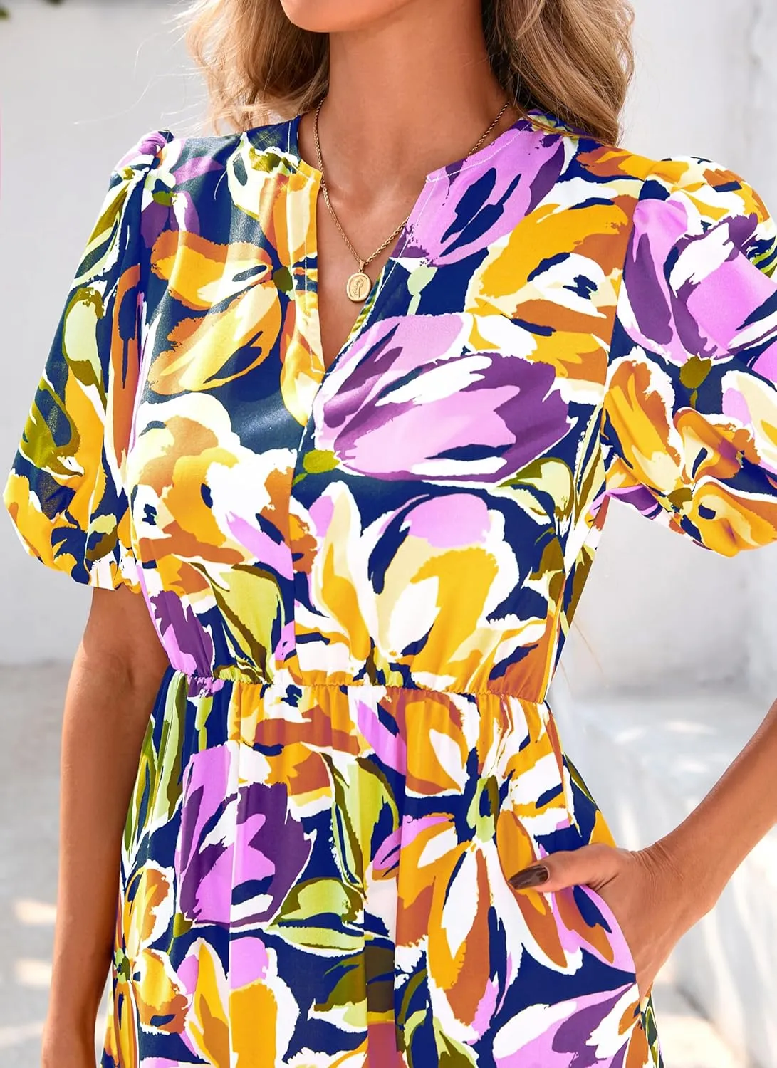 dowerme Womens Summer Dresses 2025 Casual Puff Short Sleeve V Neck Floral Boho Tiered Ruffle Maxi Dress with Pockets