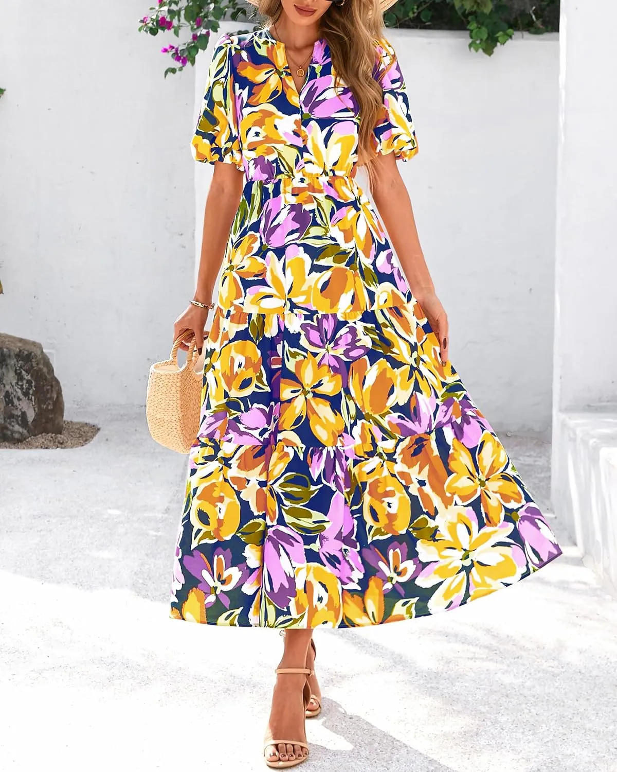 dowerme Womens Summer Dresses 2025 Casual Puff Short Sleeve V Neck Floral Boho Tiered Ruffle Maxi Dress with Pockets