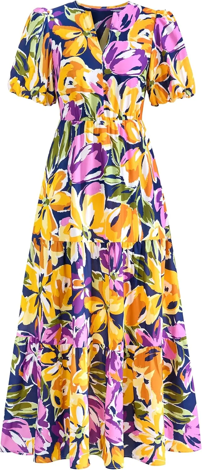 dowerme Womens Summer Dresses 2025 Casual Puff Short Sleeve V Neck Floral Boho Tiered Ruffle Maxi Dress with Pockets