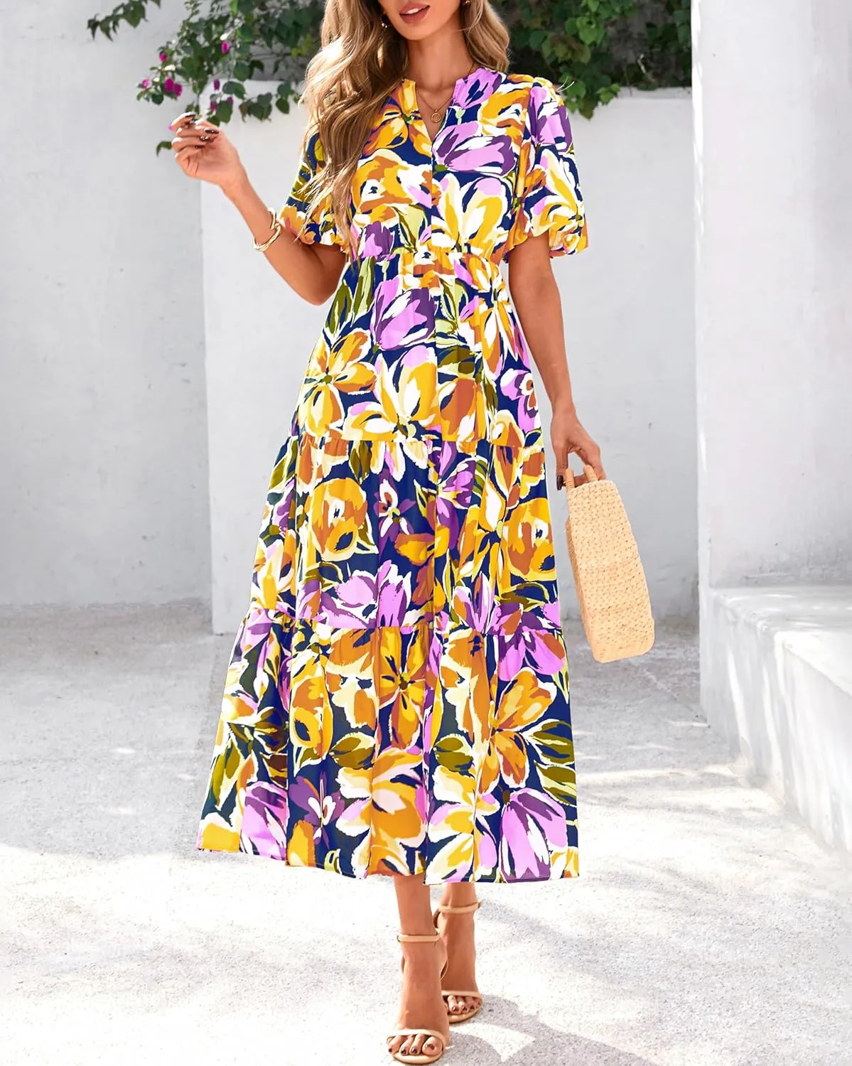 dowerme Womens Summer Dresses 2025 Casual Puff Short Sleeve V Neck Floral Boho Tiered Ruffle Maxi Dress with Pockets