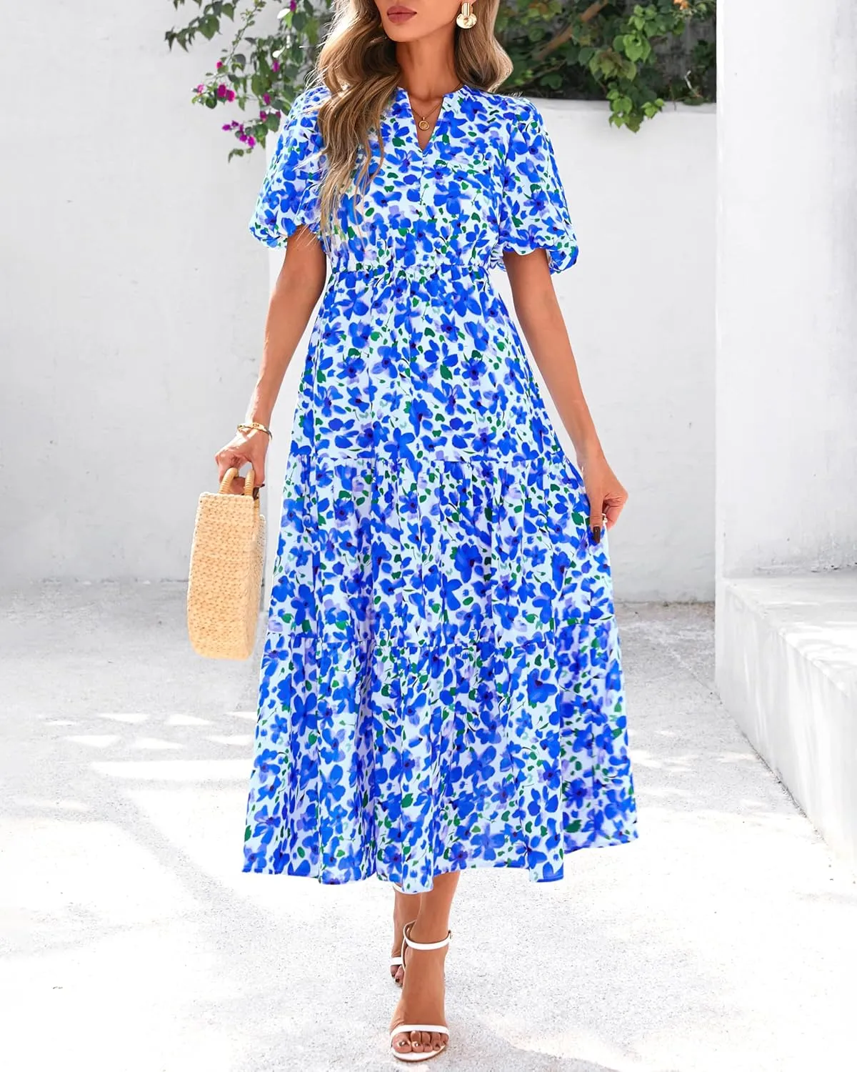 dowerme Womens Summer Dresses 2025 Casual Puff Short Sleeve V Neck Floral Boho Tiered Ruffle Maxi Dress with Pockets