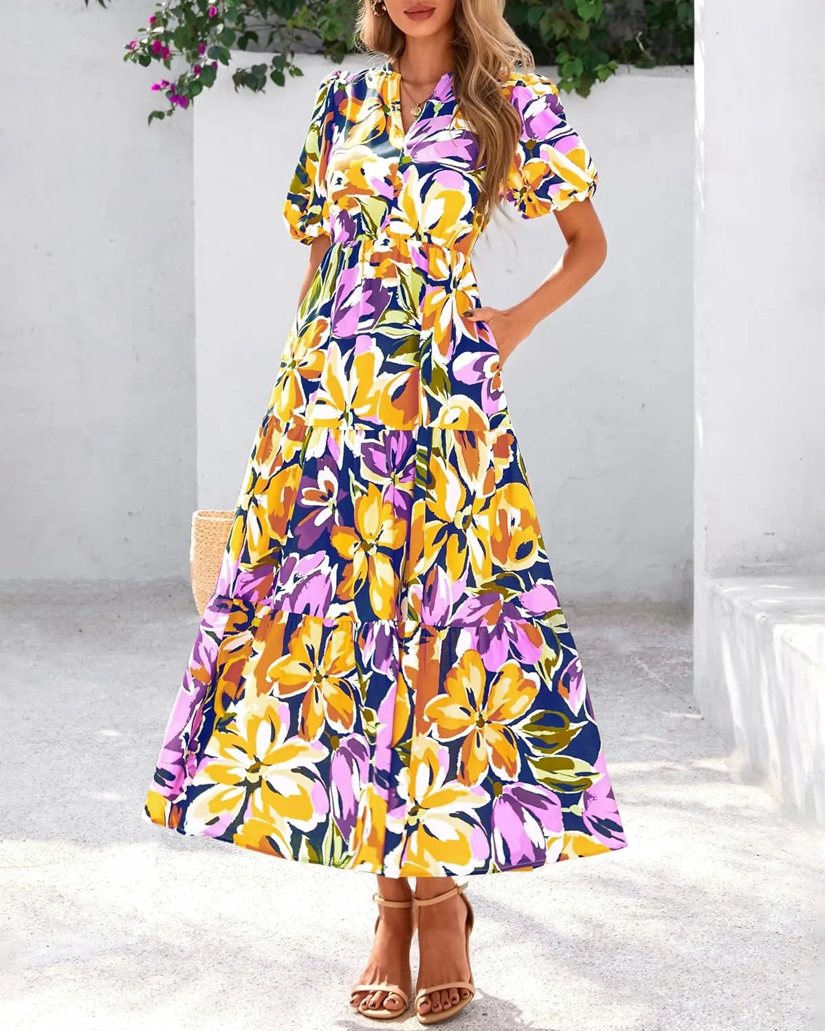 dowerme Womens Summer Dresses 2025 Casual Puff Short Sleeve V Neck Floral Boho Tiered Ruffle Maxi Dress with Pockets