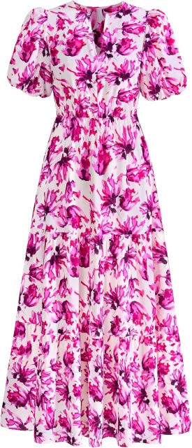 dowerme Womens Summer Dresses 2025 Casual Puff Short Sleeve V Neck Floral Boho Tiered Ruffle Maxi Dress with Pockets