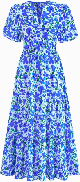 dowerme Womens Summer Dresses 2025 Casual Puff Short Sleeve V Neck Floral Boho Tiered Ruffle Maxi Dress with Pockets