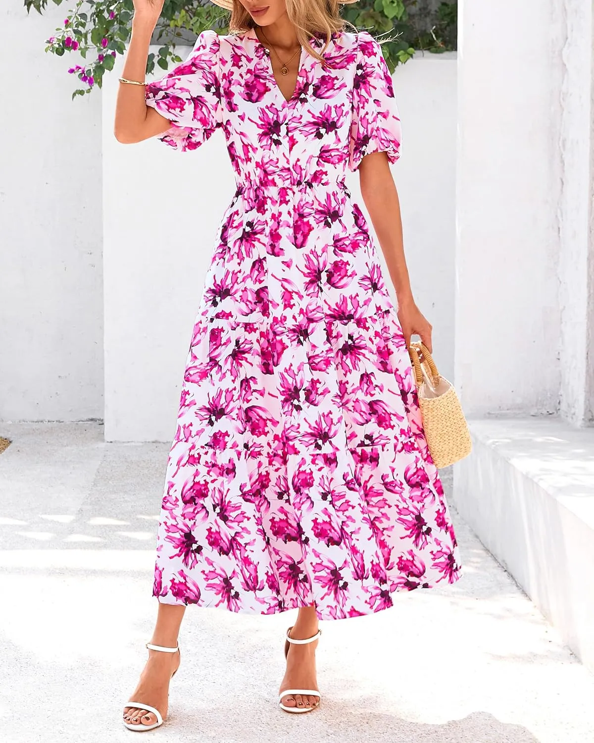 dowerme Womens Summer Dresses 2025 Casual Puff Short Sleeve V Neck Floral Boho Tiered Ruffle Maxi Dress with Pockets