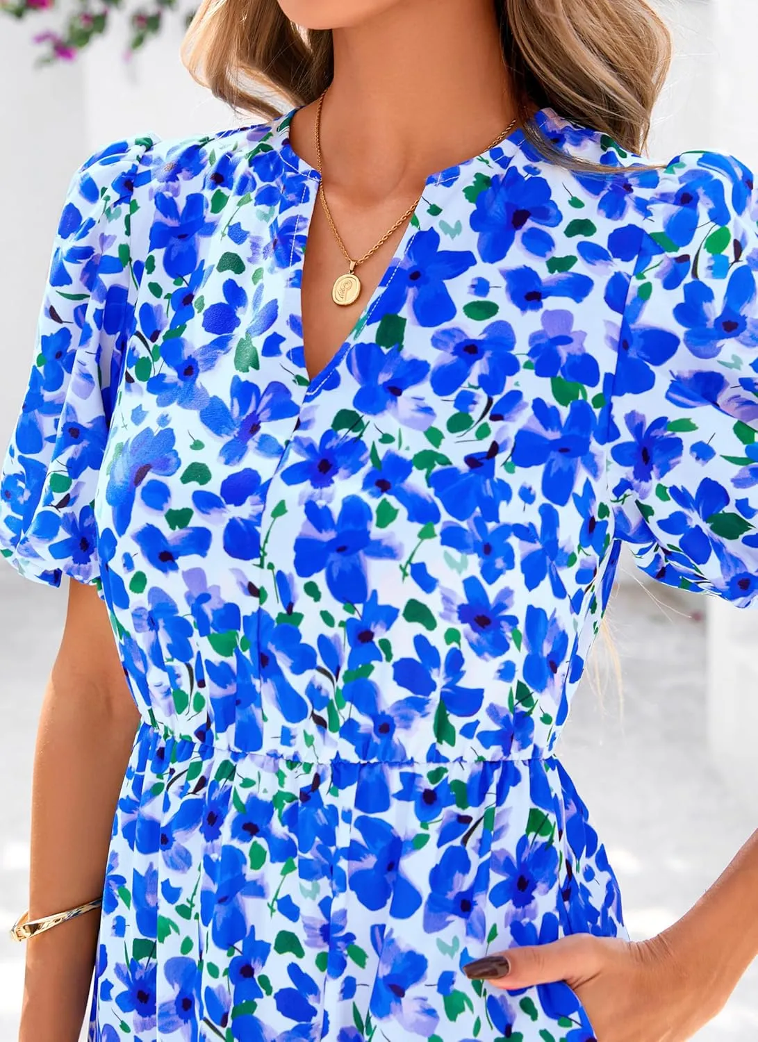 dowerme Womens Summer Dresses 2025 Casual Puff Short Sleeve V Neck Floral Boho Tiered Ruffle Maxi Dress with Pockets