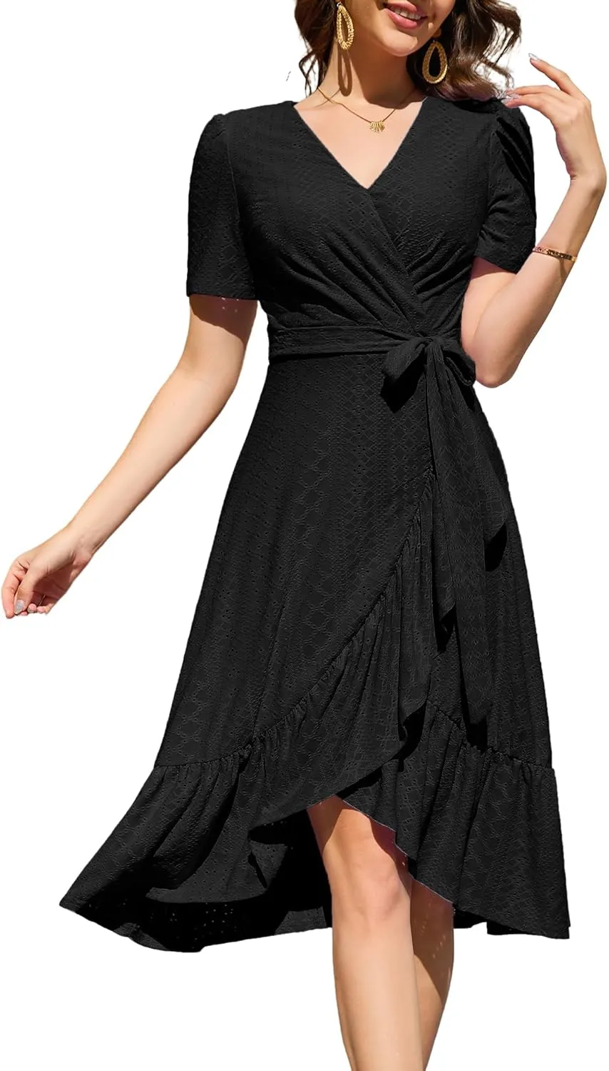 Dressystar Women Eyelet Summer Dress Short Sleeve V Neck Ruffle Wrap Spring Wedding Guest Sun Vacation Midi Casual Dresses