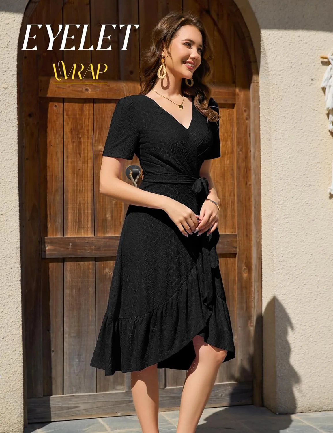 Dressystar Women Eyelet Summer Dress Short Sleeve V Neck Ruffle Wrap Spring Wedding Guest Sun Vacation Midi Casual Dresses
