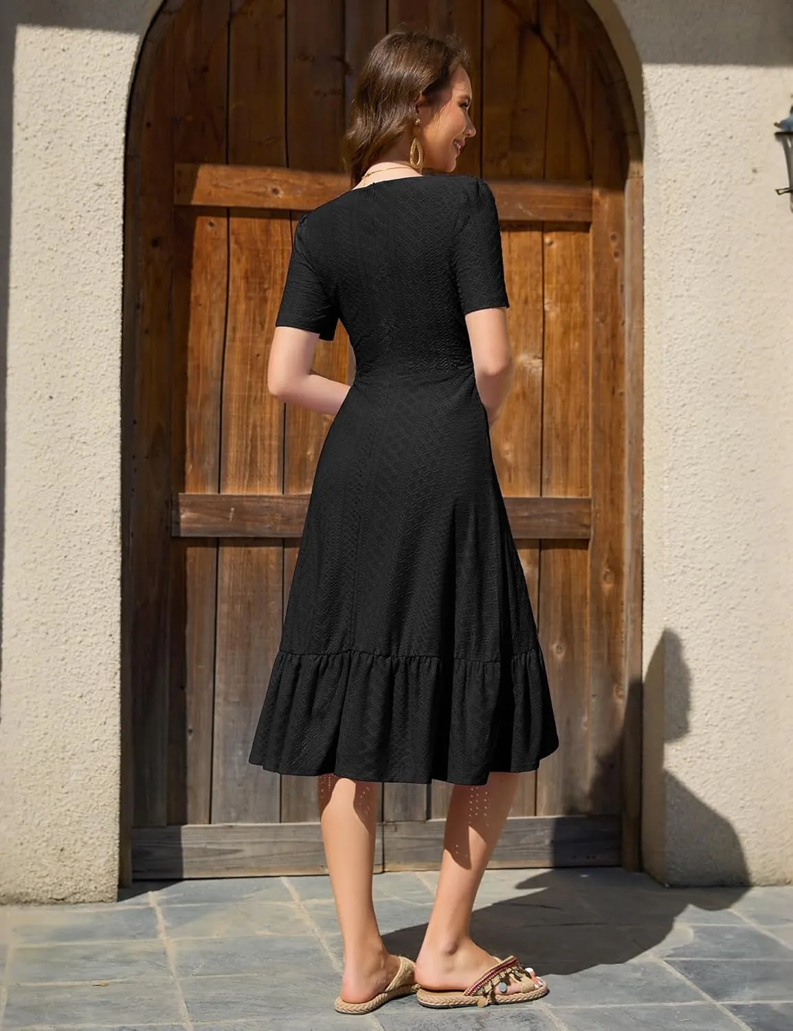 Dressystar Women Eyelet Summer Dress Short Sleeve V Neck Ruffle Wrap Spring Wedding Guest Sun Vacation Midi Casual Dresses