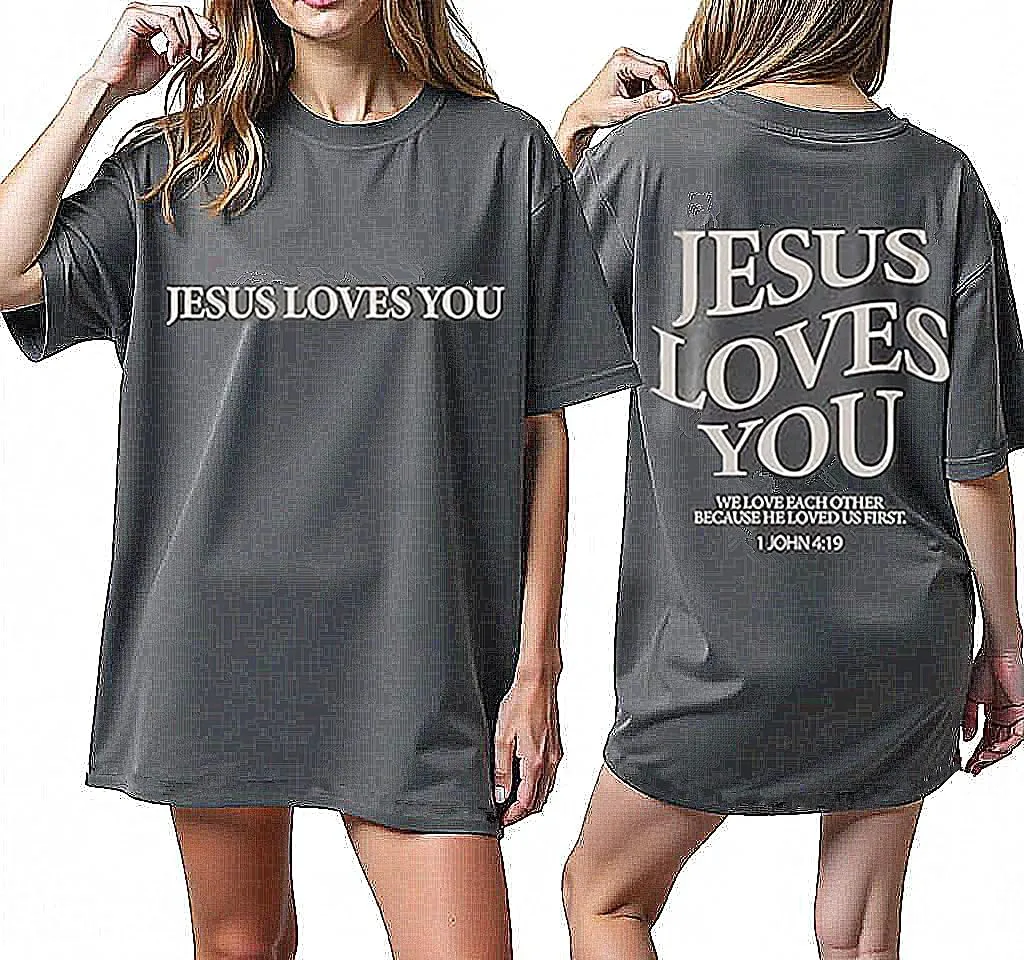 Faith Over Fear Tshirt Women Oversized Christian Religious Sayings Jesus Loves You Tees Drop Shoulder Tee Tops