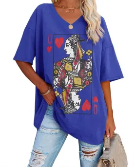 Fazortev Womens Oversized Queen Of Hearts Graphic T Shirts Casual V Neck Half Sleeve Summer Loose Tees Tunic Tops