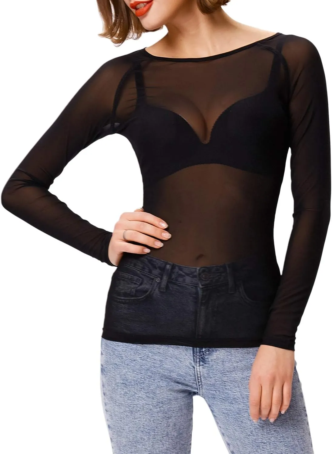 GRACE KARIN Women's Long Sleeve See Through Mesh Sheer Top Blouse Shirt
